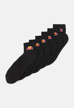 Black ankle socks in a pack of six, featuring colorful embroidered accents of red, orange, and white on the cuff.