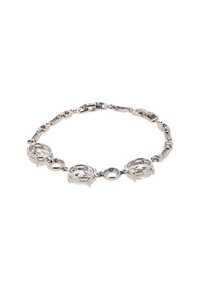 Hopeaketju, jossa on hopeanvärisiä sävyjä, läpinäkyviä soikeita ja pyöreitä jalokiviä, jotka on linkitetty kuvioiduilla metallisegmenteillä, sileä pinta ja kiiltävä viimeistely.