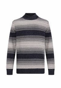 Pulover rayat, cu guler înalt, textură tricotată, dungi în alternativă bleumarin și crem, cu manșete și tiv ribbed.