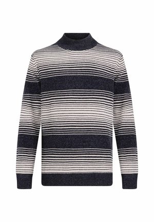 Csíkozott pulóver, magas nyakkal, kötött textúrával, váltakozó sötétkék és krémszínű csíkokkal, valamint bordás mandzsettákkal és aljjal.