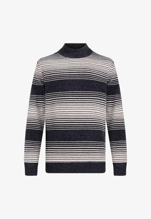 Prugasti džemper s visokim ovratnikom, pletenom teksturom, izmjeničnim tamnoplavim i krem prugama, te rebrastim manžetama i rubom.