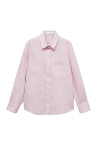 Helles rosa Langarmhemd aus Leinen mit klassischem Kragen, vorderen Knöpfen und einer Brusttasche auf der linken Seite.