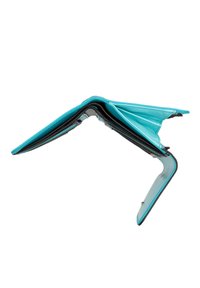 Turquoise leather wallet with multiple folded compartments, a smooth texture, and a snap closure, showcasing a contrasting black inner lining.