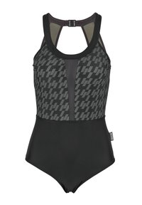 Maillot de bain une pièce noir avec un motif géométrique gris sur le haut et un bas noir uni. Comprend un dos nageur et une bretelle réglable.