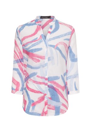 Camicia a maniche lunghe con bottoni in tessuto leggero, caratterizzata da un motivo astratto a pennellate rosa e blu su sfondo bianco.