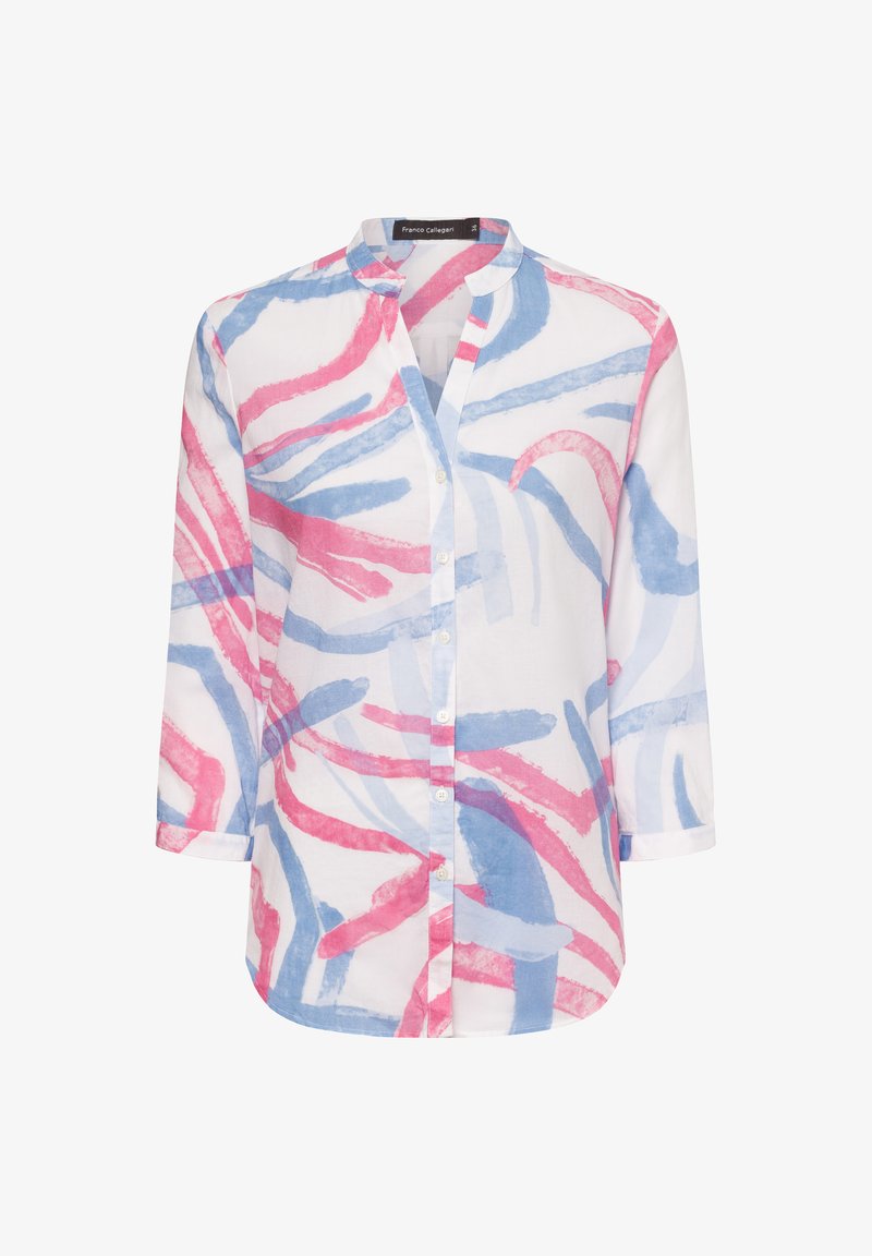 Camicia a maniche lunghe con bottoni in tessuto leggero, caratterizzata da un motivo astratto a pennellate rosa e blu su sfondo bianco.