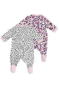 Due body per neonati: uno bianco con pois neri, l'altro rosa con stampa leopardata viola. Entrambi hanno polsini e piedini rosa.