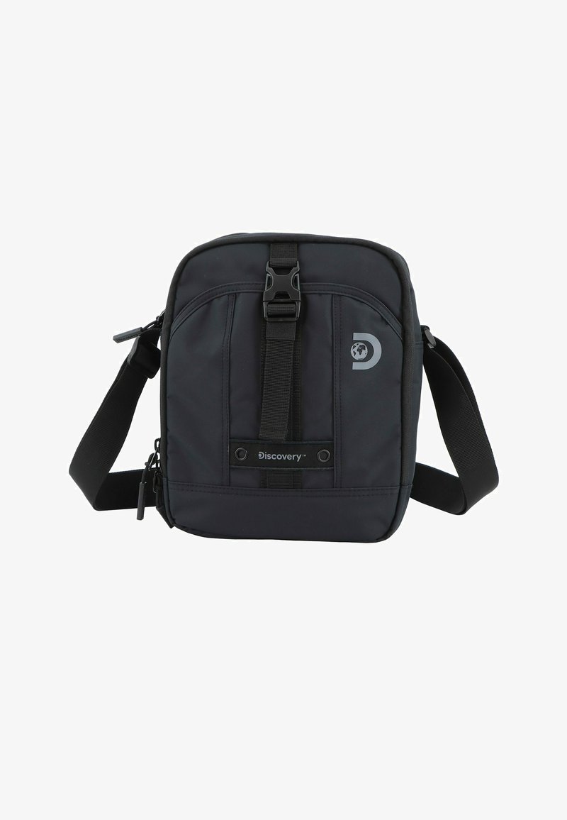 Borsa a tracolla nera in nylon con chiusura a fibbia, tracolla regolabile e logo impresso sul davanti. Texture liscia con design minimale.