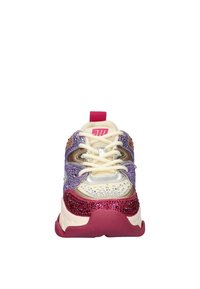 Colorful sneaker featuring a mix of purple, pink, and silver accents. Textured fabric with glitter elements, round toe, and cushioned sole.