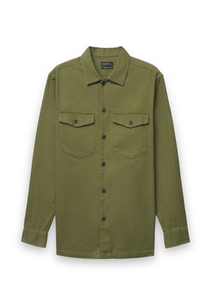 Chemise verte boutonnée en mélange de coton, avec deux poches poitrine, boutons noirs et col classique avec manches longues.