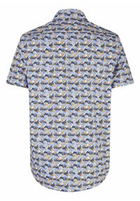 Korte mouw shirt van lichtgewicht stof, met een blauwe basis en kleine, levendige bloempatronen in geel en wit overal.