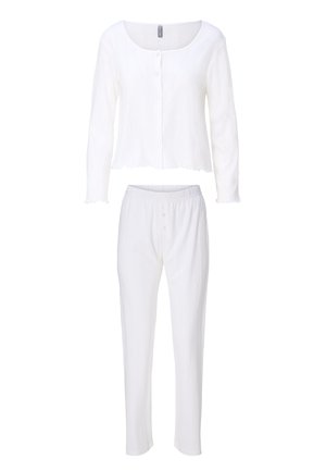 Hvidt to-delt kvindetøjssæt til afslapning med langærmet knaplukket top og elastisk taljebånd bukser med lige ben i let stof.