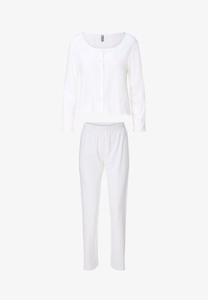 Conjunto blanco de ropa de descanso para mujer de dos piezas, con una blusa de manga larga con botones y pantalones de pierna recta con cintura elástica, confeccionados en tela ligera.