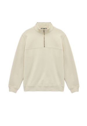 Cremefarbener Langarm-Pullover mit halbhohem Reißverschluss am Kragen und gerippten Bündchen, flach auf weißem Hintergrund ausgelegt.