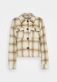 Beskuren rutjacka med ett mönster i gult, brunt och vitt, med knäppning fram, två bröstfickor och krage.