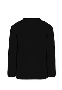 Schwarzes Langarmshirt mit rundem Halsausschnitt. Glatte Stoffstruktur, keine sichtbaren Logos oder Muster, taillierte Form und gerader Saum.