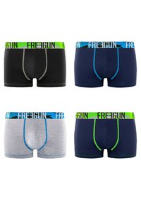 Boxers pour homme en noir, marine, gris et bleu, avec une ceinture élastique portant le logo "FREEGUN". Coutures contrastées et accents de passepoil.