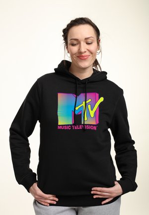 Black hoodie featuring a colorful MTV logo with gradient hues of blue, pink, and yellow. Drawstrings at the neckline, soft fabric texture.
