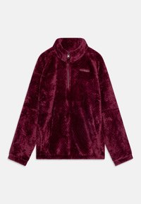 Pullover in pile bordeaux con colletto alto, zip a metà, tessuto texture e logo sul petto; presenta maniche lunghe e vestibilità rilassata.