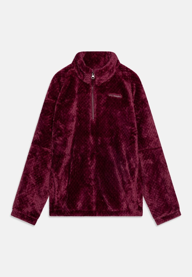 Pullover in pile bordeaux con colletto alto, zip a metà, tessuto texture e logo sul petto; presenta maniche lunghe e vestibilità rilassata.