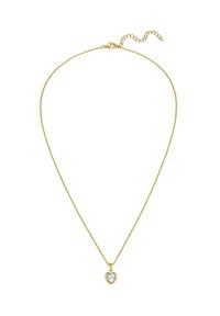 Collana in oro con pendente a forma di cuore con pietra trasparente circondata da un bordo dorato. Lunghezza regolabile con chiusura a moschettone.