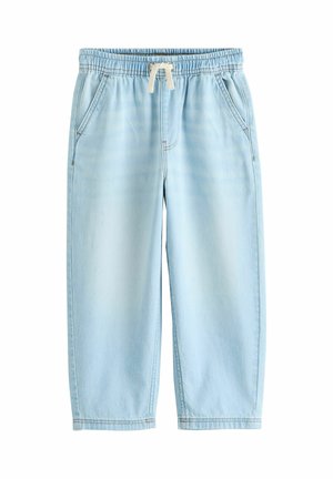 Lyseblå denim-joggingbukser med elastisk taljebånd og hvid snøre, med frontlommer og afslappet pasform.