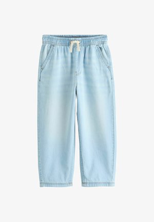 Lichtblauwe denim joggerbroek met elastische tailleband en wit trekkoord, voorzien van voorzakken en een comfortabele, losse pasvorm.