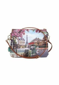 Borsa a tracolla con scena parigina stampata, che presenta la Torre Eiffel. Realizzata in tessuto con una tracolla e dettagli in pelle marrone.