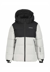 Veste rembourrée avec une partie supérieure noire et une partie inférieure gris clair, dotée d'une capuche, de fermetures éclair et de poignets élastiques. Fabriquée en matériau résistant aux intempéries.