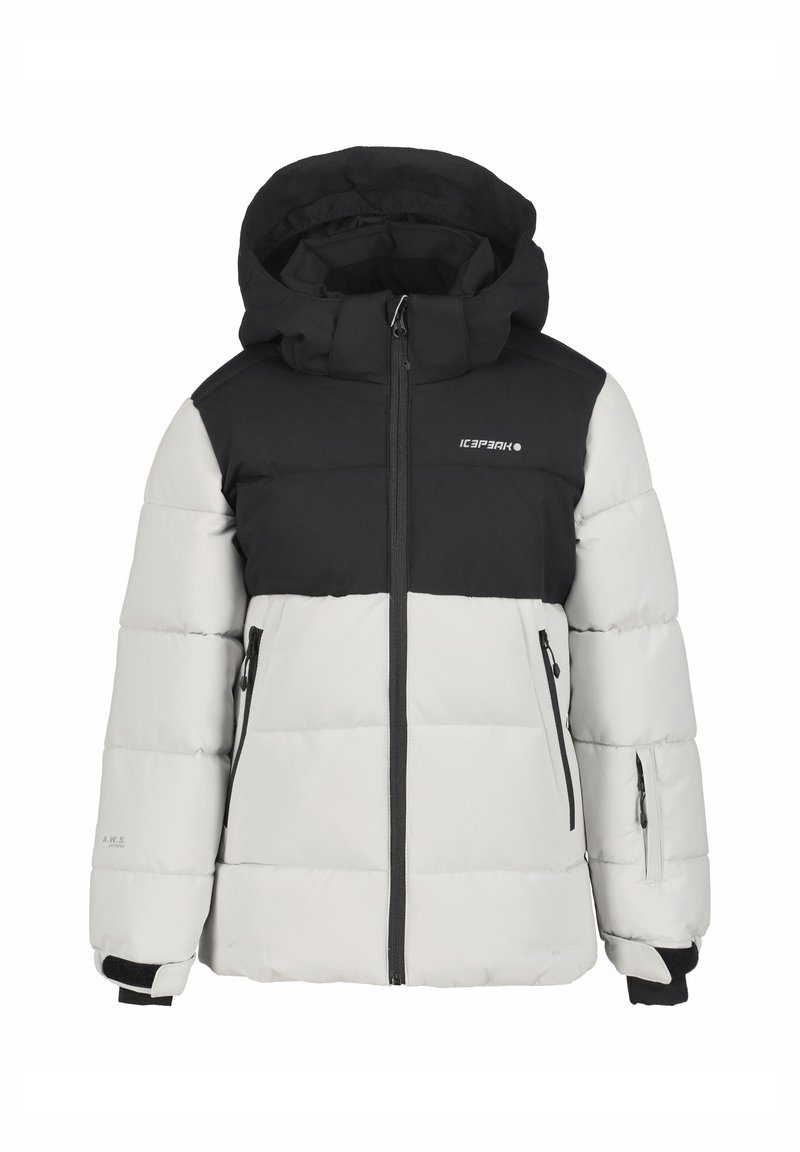 Veste rembourrée avec une partie supérieure noire et une partie inférieure gris clair, dotée d'une capuche, de fermetures éclair et de poignets élastiques. Fabriquée en matériau résistant aux intempéries.