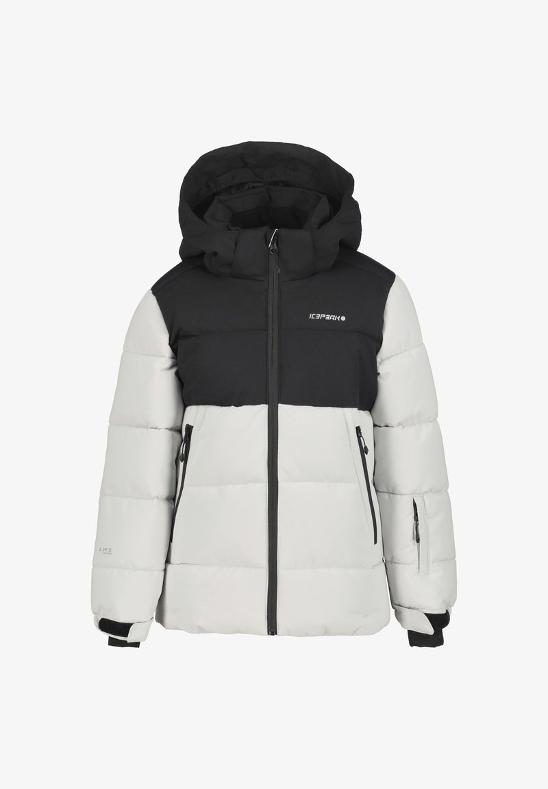 Mjukisdress med svart överdel och ljusgrå nederdel, med huva, dragkedjor och elastiska ärmmuddar. Tillverkad av väderbeständigt material.