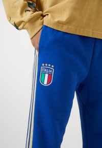 Niebieskie dresy z dwoma złotymi paskami, z naszywką z włoską flagą i czterema złotymi gwiazdami powyżej napisu "ITALIA FIGC" w białym kolorze.