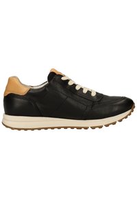 Sneaker in pelle nera con finitura testurizzata, lacci color crema e accentuazione in pelle color cuoio sul tallone. Suola in gomma con motivo antiscivolo.