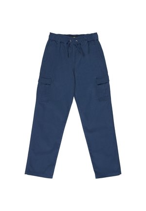 Marineblaue Cargohose mit elastischem Bund, Kordelzugverschluss, seitlichen Pattenstaschen und geradem Bein auf weißem Hintergrund.
