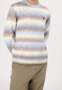 Pull en maille rayée aux couleurs pastel marron, bleu et jaune. Il présente un col ras-du-cou et un ourlet côtelé. Écusson logo sur la poitrine.