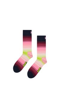 Pruhované ponožky s barevným přechodem od tmavě námořnické modré přes růžovou po limetkově zelenou, s logem "HAPPY" a měkkým texturovaným povrchem.