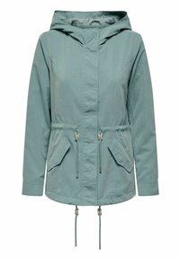 Veste à capuche bleu clair avec manches longues, fermeture éclair avant dissimulée par un rabat, cordons de serrage réglables à la taille et poches à rabat.