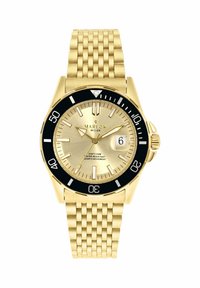 Goldfarbene Edelstahl-Uhr mit schwarzem drehbarem Lünette, strukturiertem Armband und goldenem Zifferblatt, das Stundenmarkierungen und ein Datumsfenster aufweist.