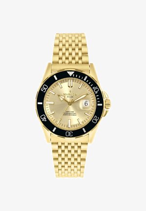 Gold-tone stainless steel watch with a black rotating bezel, textured bracelet, and a gold dial featuring hour markers and a date window.