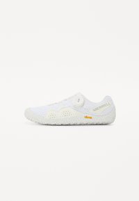 White athletic shoe with mesh upper, featuring a Boa lacing system and textured rubber outsole. Notable Merrell branding in gray and orange accents.