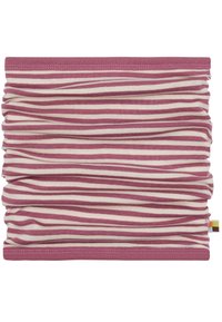Gaiter multi-funzionale in righe rosa e bianche, realizzato in tessuto morbido ed elastico con texture arricciata e bordi rifiniti.