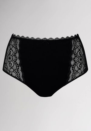 High-waisted black underwear featuring black lace side panels with intricate patterns and a scalloped trim along the waistband.