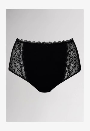 Hoge taille zwarte onderbroek met zwarte kantpanelen aan de zijkanten, versierd met ingewikkelde patronen en een golvende rand langs de tailleband.
