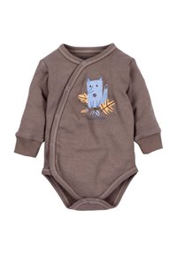 Bruine lange mouwen rompertje met een blauw kattenontwerp en gele bladeren. Voorzien van drukknoopsluitingen aan de voorkant en aan de onderkant. Zacht materiaal.