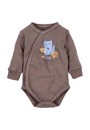 Braunes Langarm-Body mit einem blauen Katzenmotiv und gelben Blättern. Verfügt über Druckknöpfe an der Vorderseite und am Boden. Weicher Stoff.