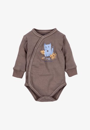 Brown long-sleeve onesie with a blue cat design and yellow leaves. Features snap closures along the front and at the bottom. Soft fabric.