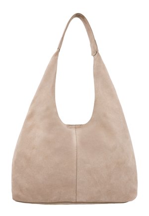 Beige Wildleder-Schultertasche mit einem breiten Träger und einer weichen, lässigen dreieckigen Form.