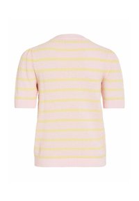 Haut en maille à manches courtes avec tissu texturé en rose pâle et rayures horizontales jaunes, doté d'un col et de poignets côtelés.