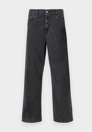 Jean noir en denim avec une coupe droite, doté d'une fermeture à bouton en métal, de cinq poches et de coutures visibles. Texture lisse et couleur sobre.