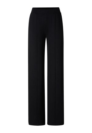 Zwarte broek met wijde pijpen, een hoge taille en voorvouwen, voorzien van een gladde tailleband zonder zichtbare sluitingen of zakken.